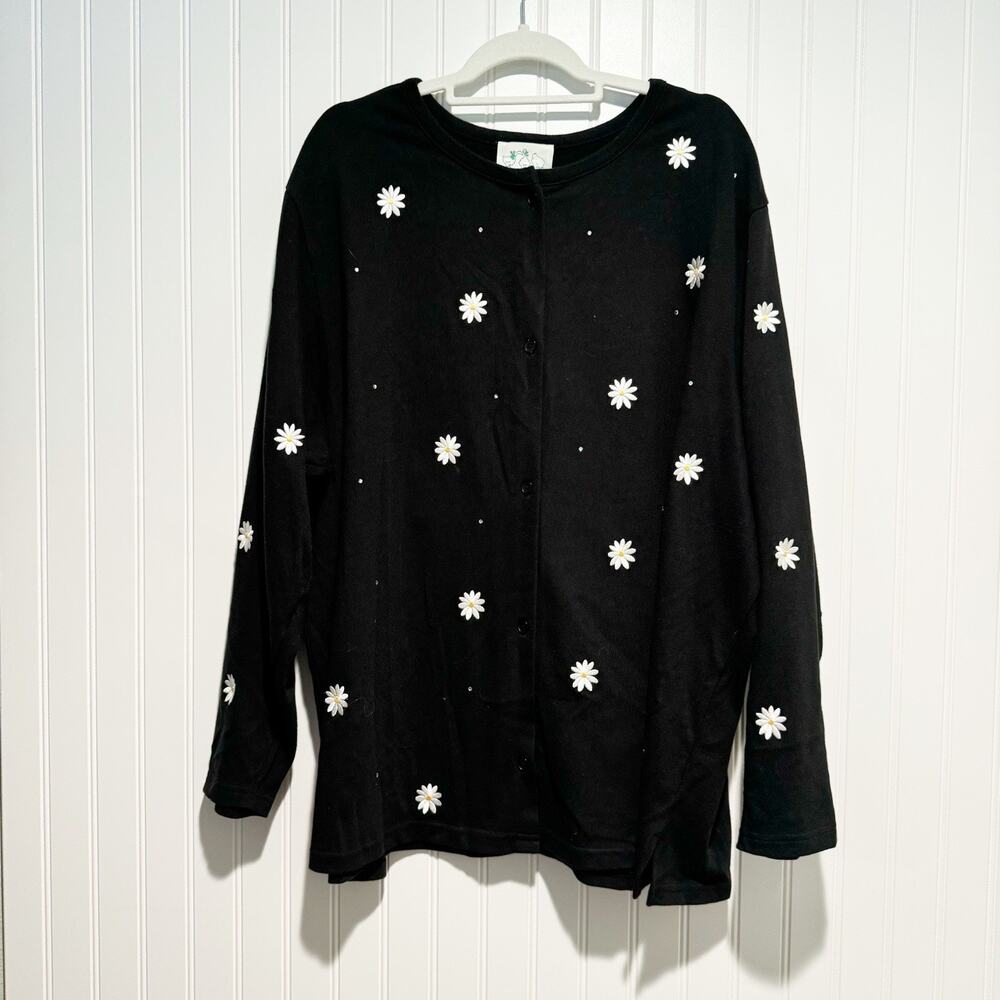 Quacker Factory Black Daisy Embroidered Cardigan Sweater Cotton Plus Size 3X